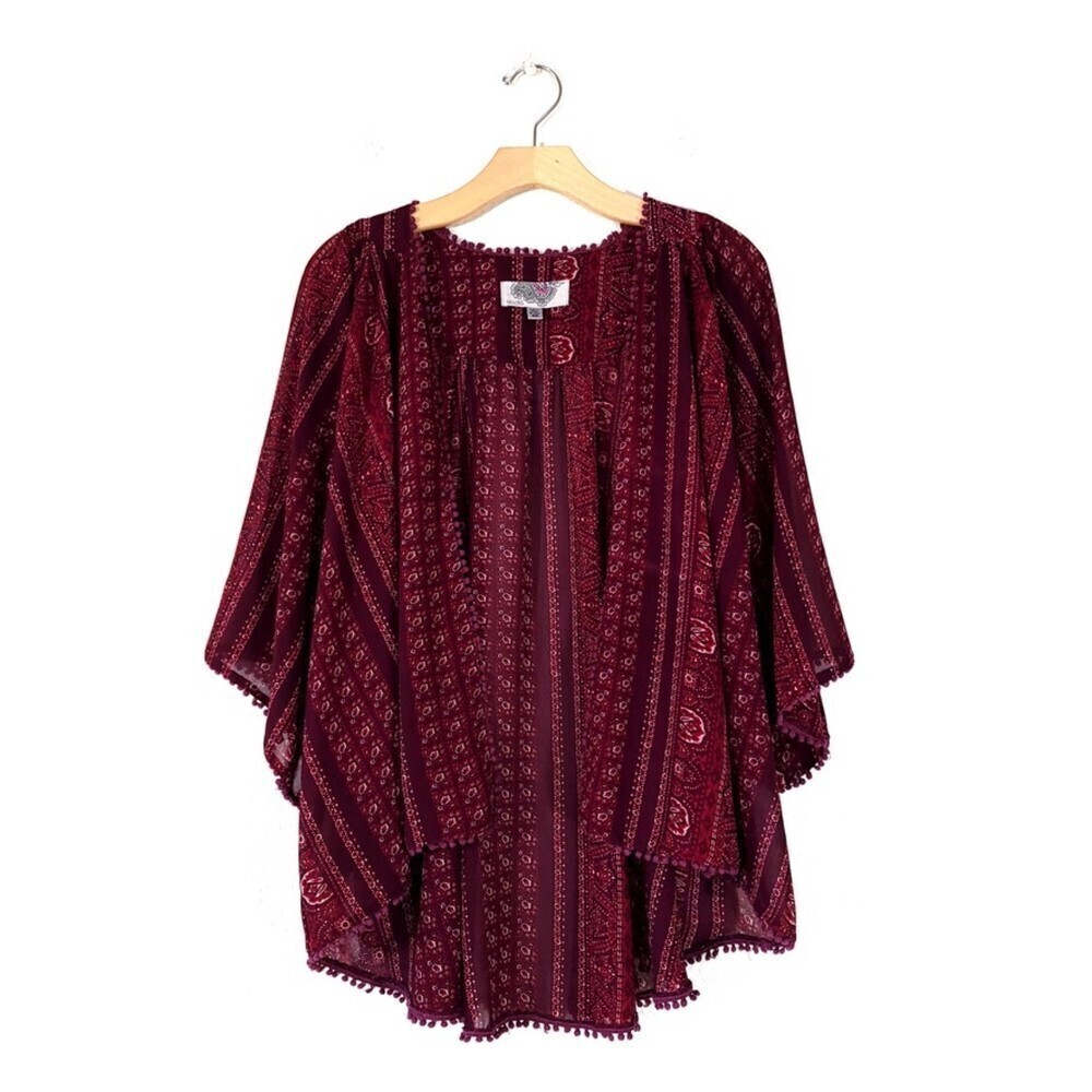 URBAN OUTFITTERS Ecote Boho Pom Pom Chiffon Kimono Cover up Boho Burgundy Red XS
